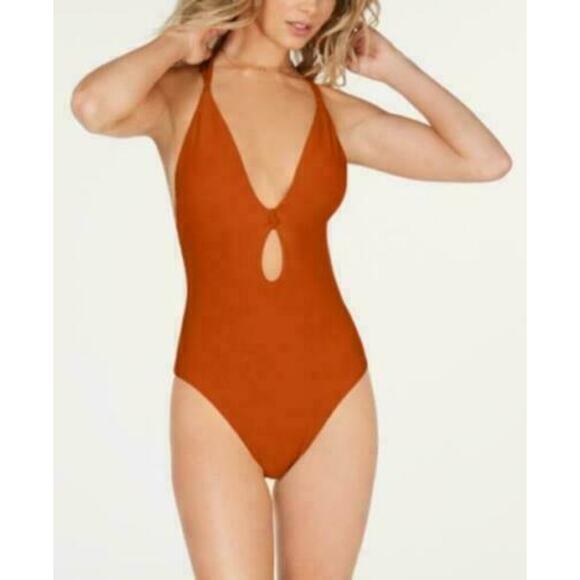 Bar III Like Knot One-Piece Swimsuit L Cinnamon Burnt Orange Ribbed Halter New - Picture 1 of 6